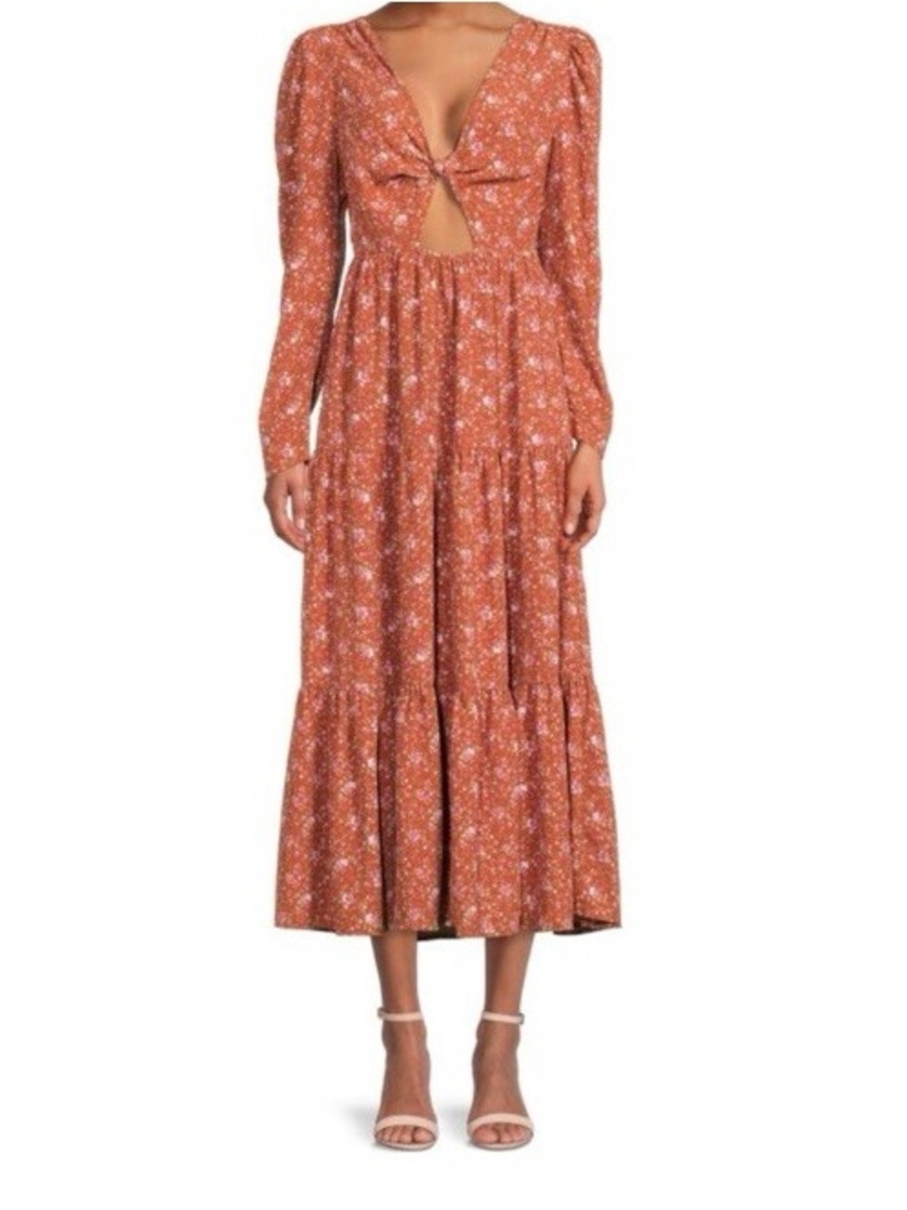 Wayf Rust Floral Tie-Front Midi Dress